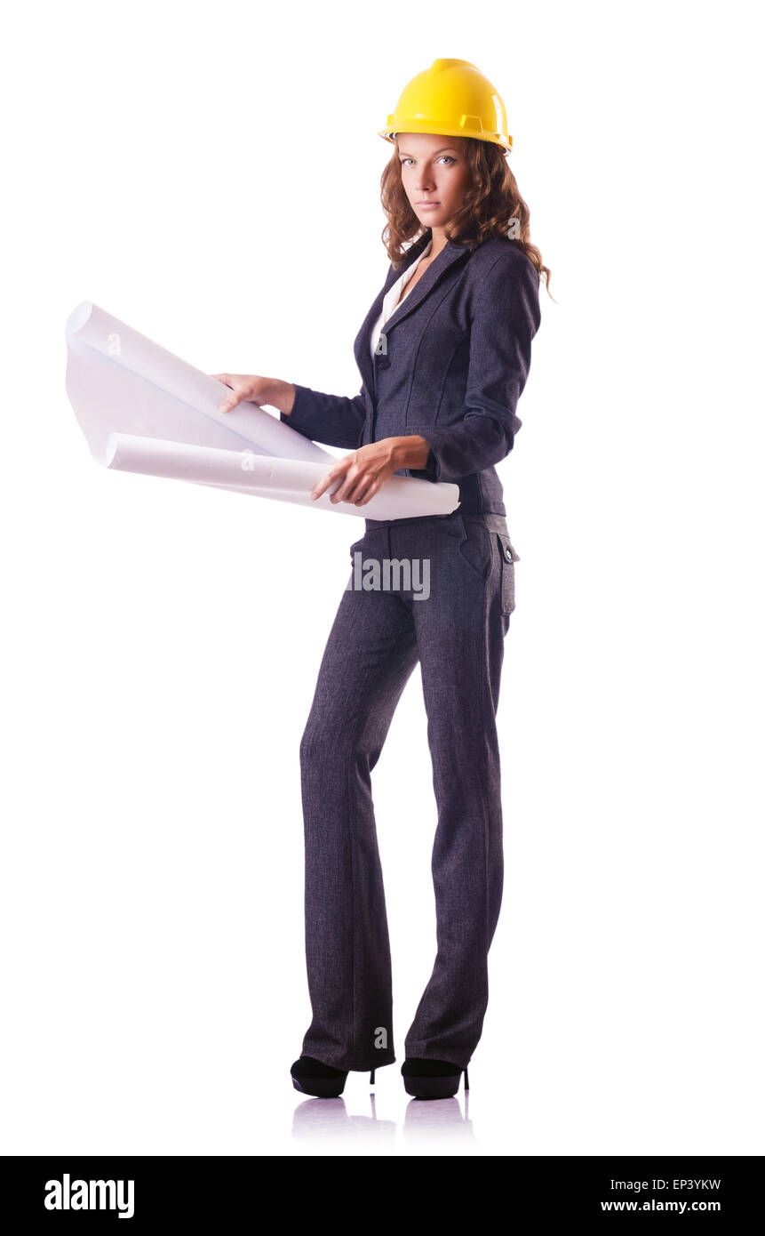 Woman construction worker with hard hat on white Stock Photo - Alamy