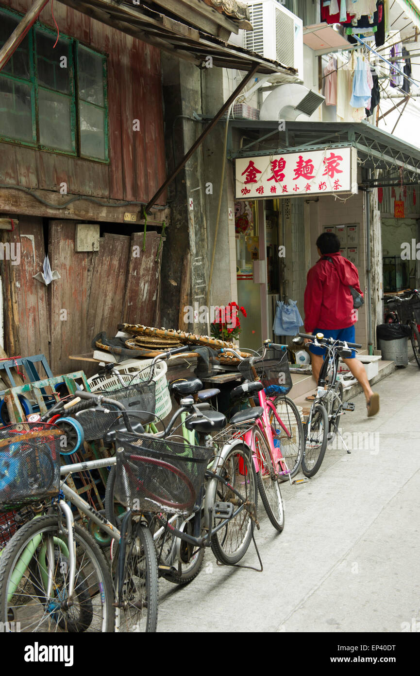Bicycles parked outside a restaurant, Tai O fishing Village, Lantau Island, Hong Kong, China Stock Photo