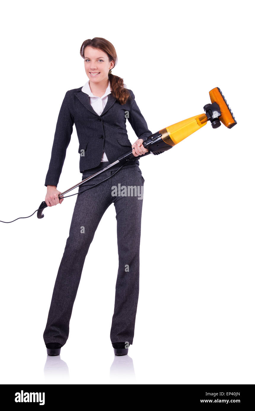 Young woman with vacuum cleaner on white Stock Photo - Alamy