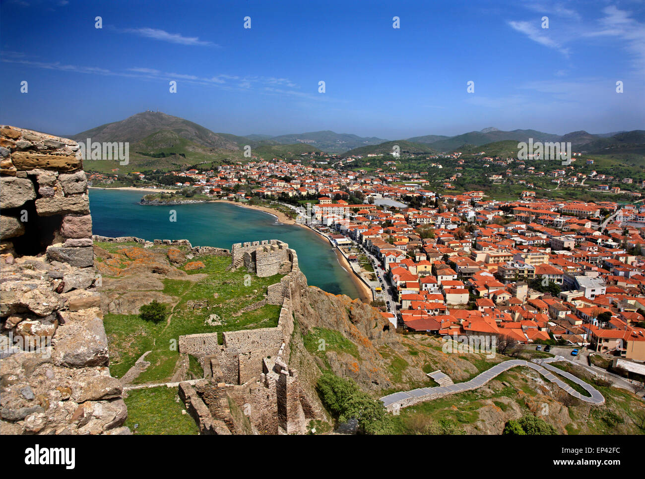 Partial view of the town of Myrina ('Romeikos Gialos' ) and its castle, Lemnos ('Limnos') island, North Aegean, Greece. Stock Photo