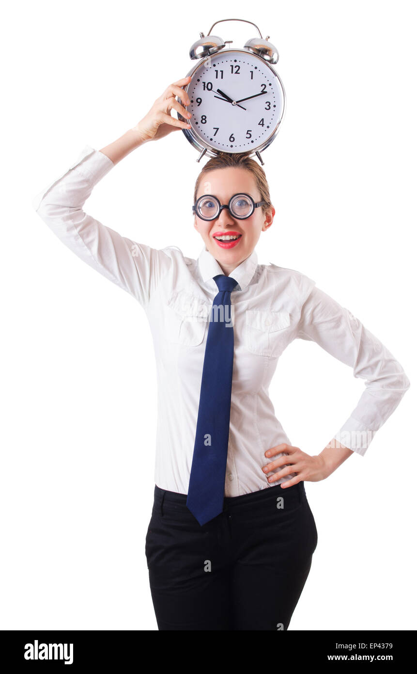 Nerd businesswoman with gian alarm clock Stock Photo - Alamy