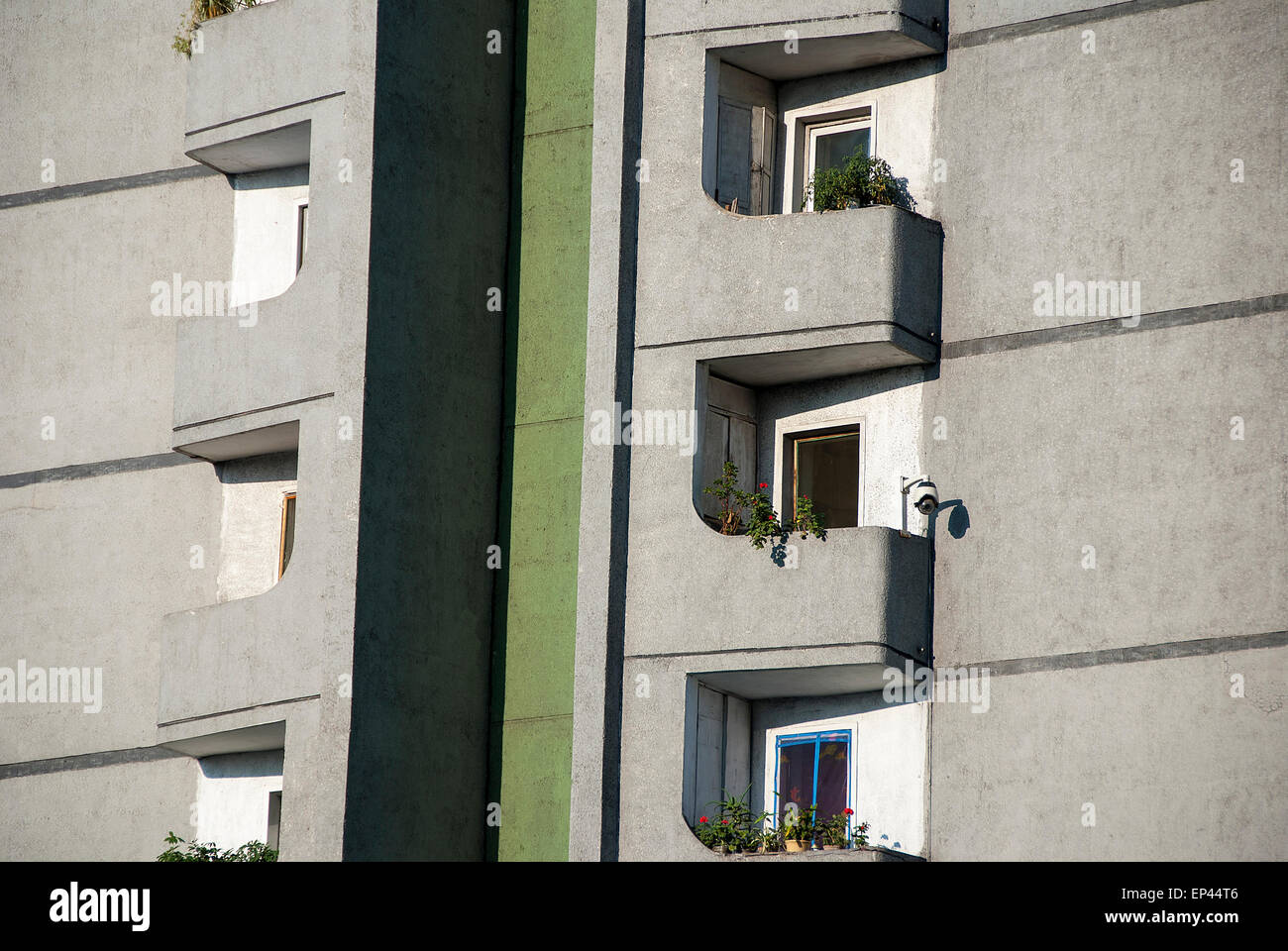 Residential building with camera surveillance in Pyongyang, North Korea, DPRK Stock Photo