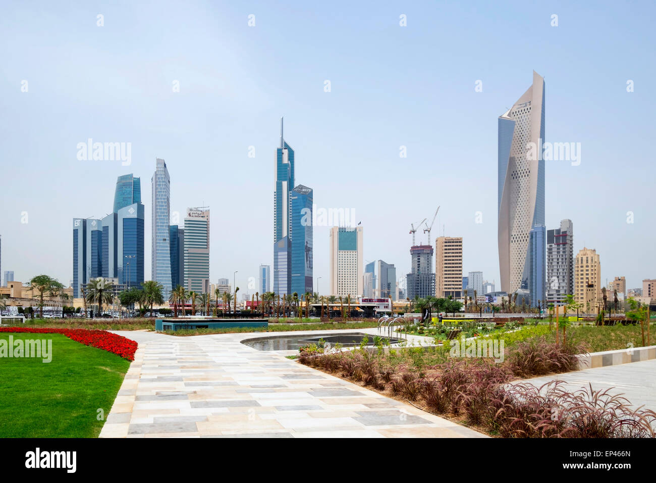 Skyline of Central Business District (CBD) from new Al Shaheed Park in  Kuwait City, Kuwait Stock Photo