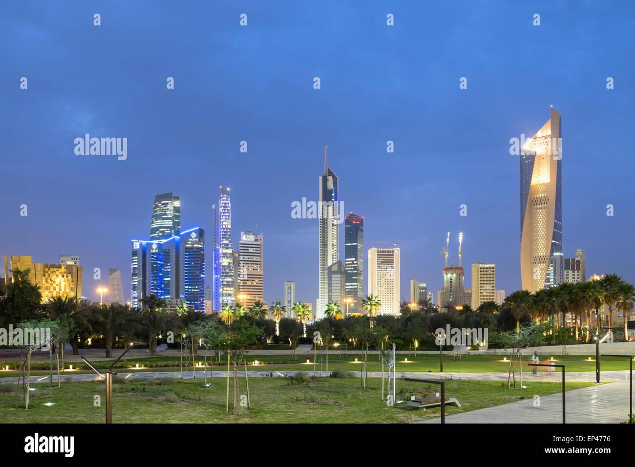 Skyline of Central Business District (CBD) from new Al Shaheed Park in  Kuwait City, Kuwait Stock Photo