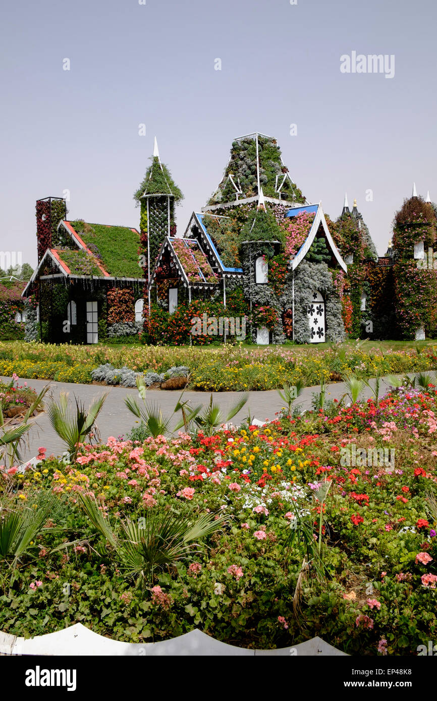 House covered in flowers at Miracle Garden Dubai United Arab Emirates Stock Photo