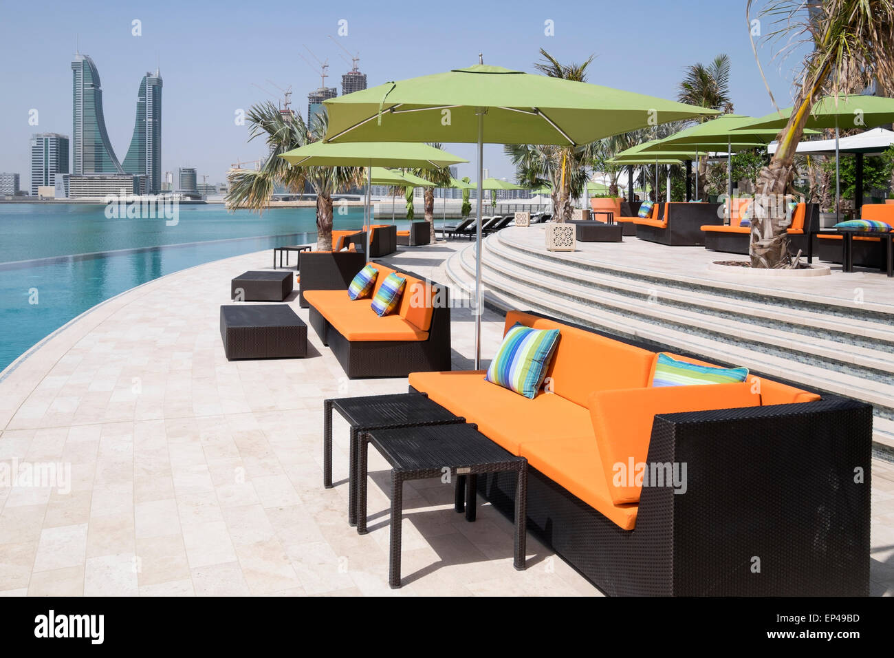 View of Bahrain Financial Harbour office buildings  from new Four Seasons Bahrain Bay luxury Hotel in Bahrain Stock Photo