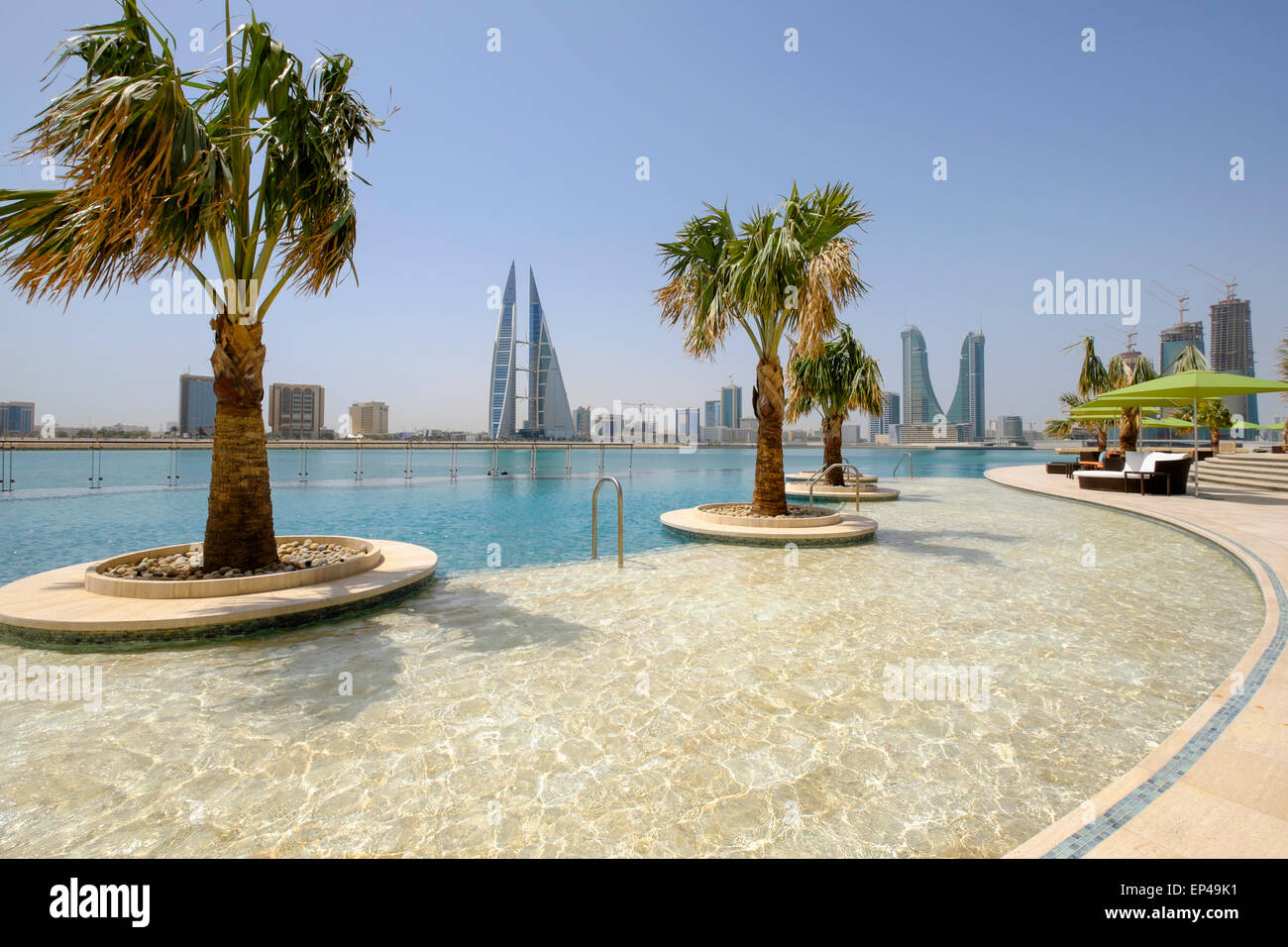 View of Bahrain skyline and Bahrain Bay from new Four Seasons Bahrain Bay luxury Hotel in Bahrain Stock Photo