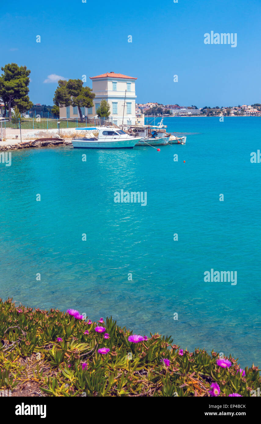 Porto Cheli Portocheli harbour harbor, Greece, with small boats, blue sky, blue sea Stock Photo