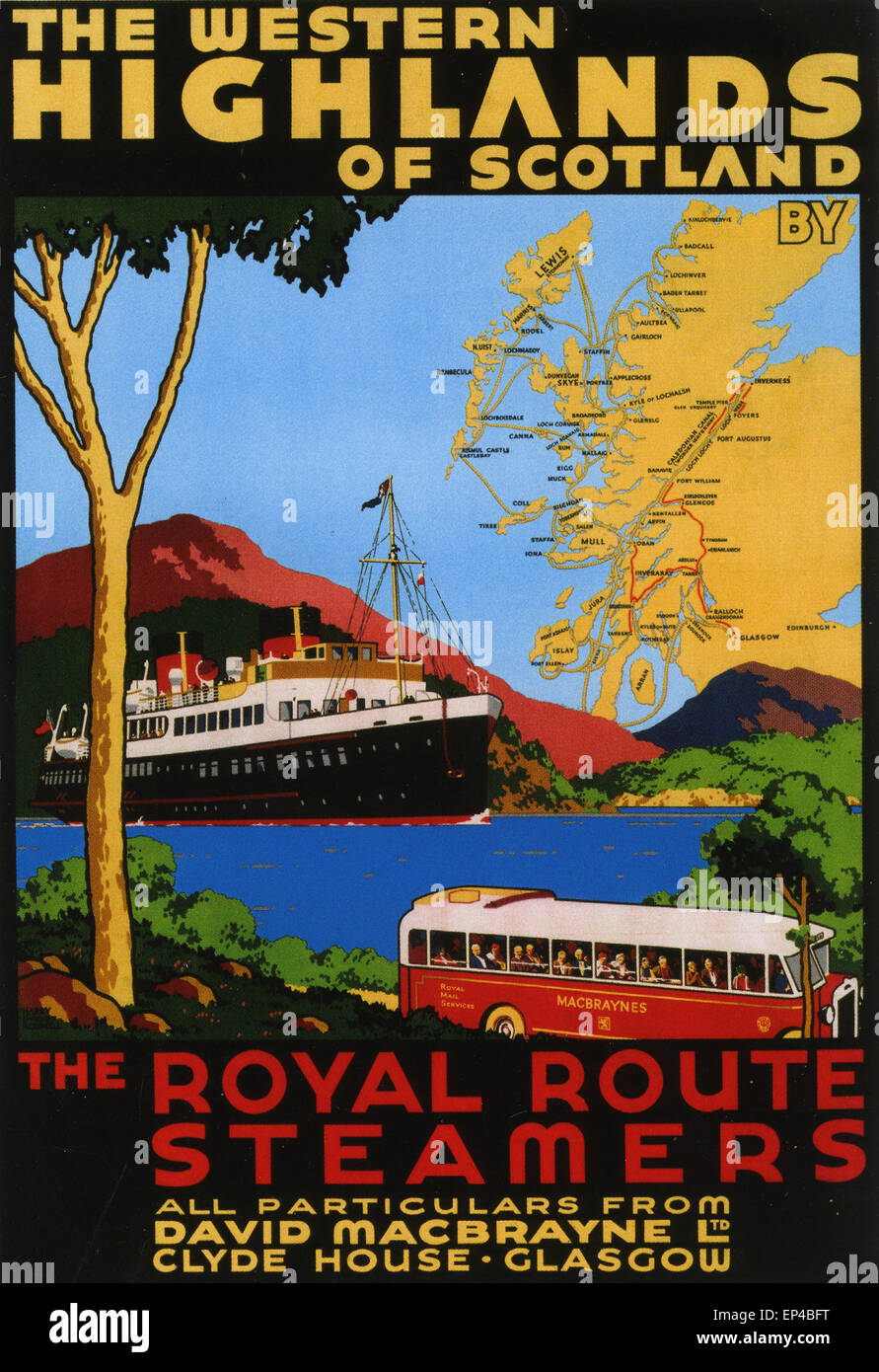 WESTERN HIGHLANDS ROYAL ROUTE STEAMERS poster about 1922 Stock Photo