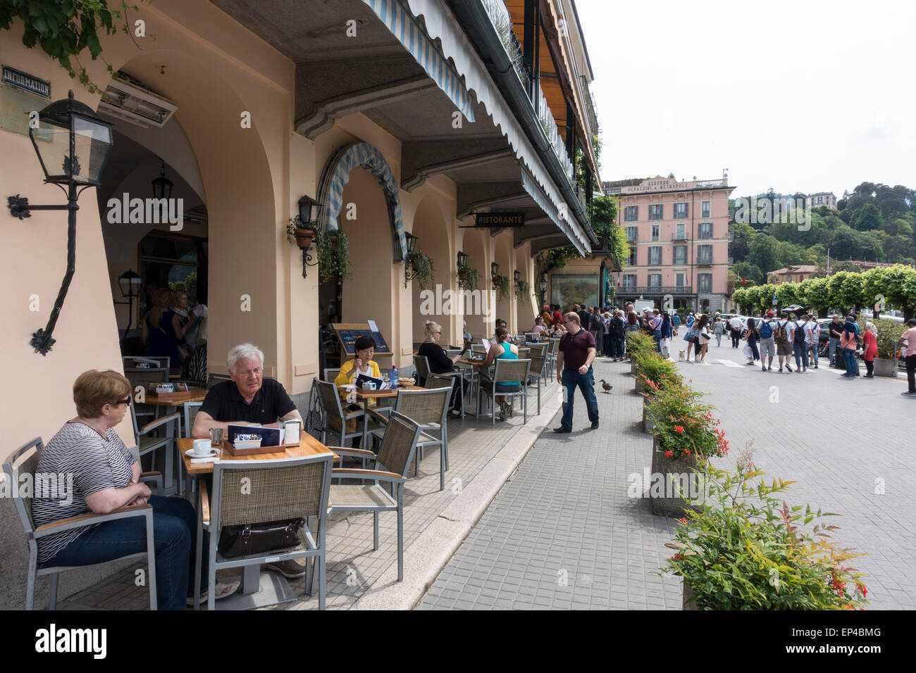 Outdoor restaurant in Bellagio Lake Como Lombardy Italy Stock Photo