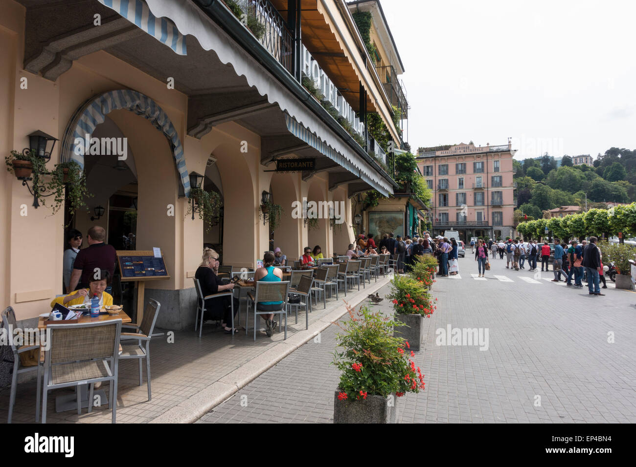 Outdoor restaurant in Bellagio Lake Como Lombardy Italy Stock Photo