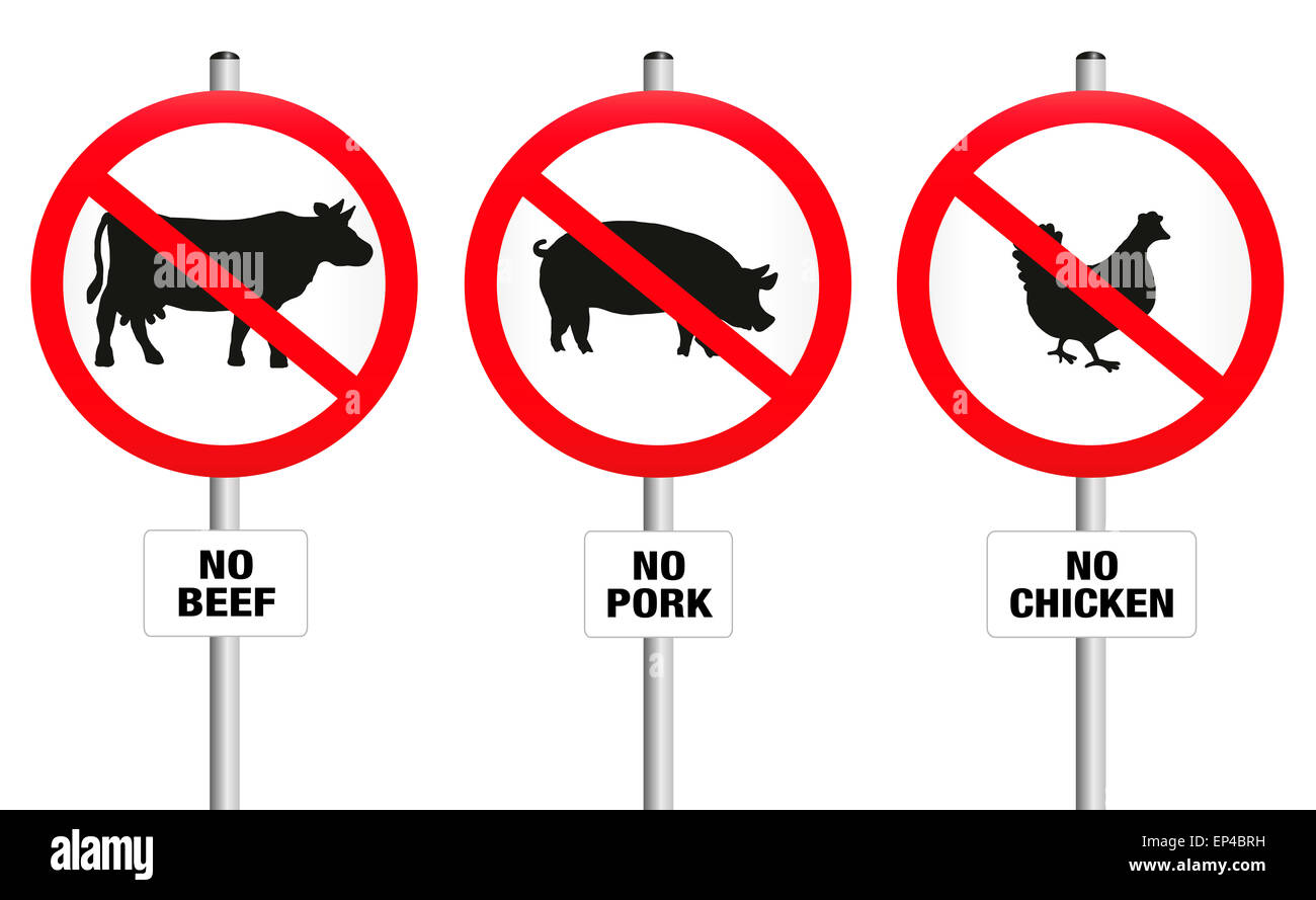 No beef, pork and chicken - three prohibitory signs with crossed out pig, cow and hen. Stock Photo