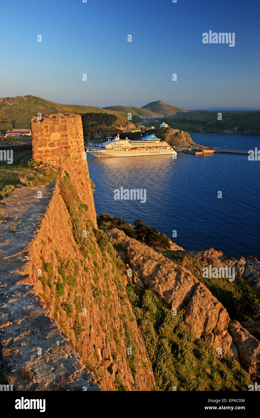 Cruise ship at the port of Myrina, as seen from the castle of the town. Lemnos (Limnos) island, North Aegean, Greece. Stock Photo