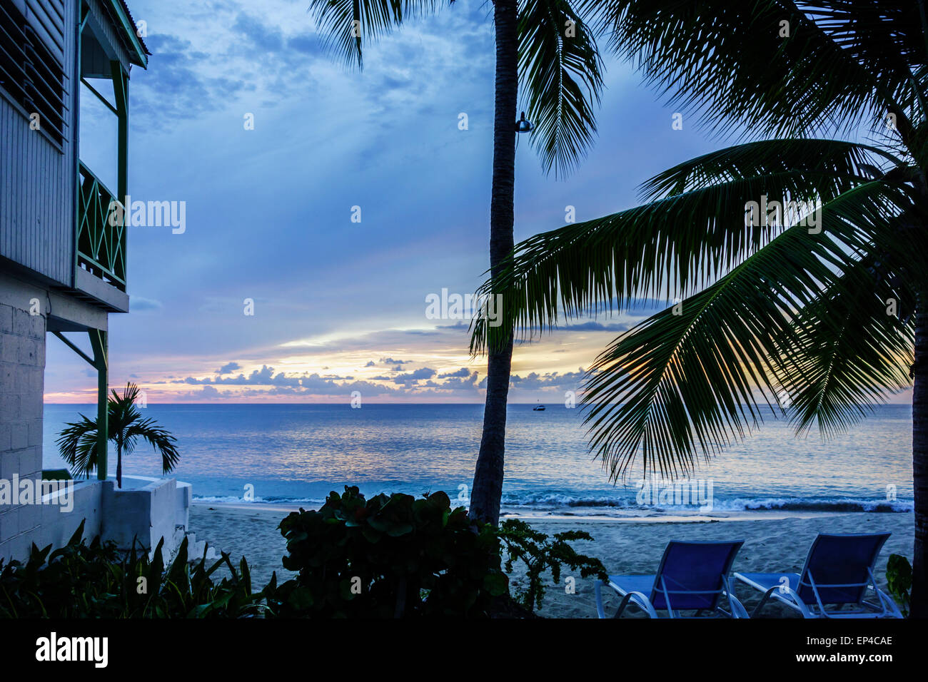 The view from Cottages By the Sea resort on the west end of St. Croix, U.S. Virgin Islands at sunset. Stock Photo