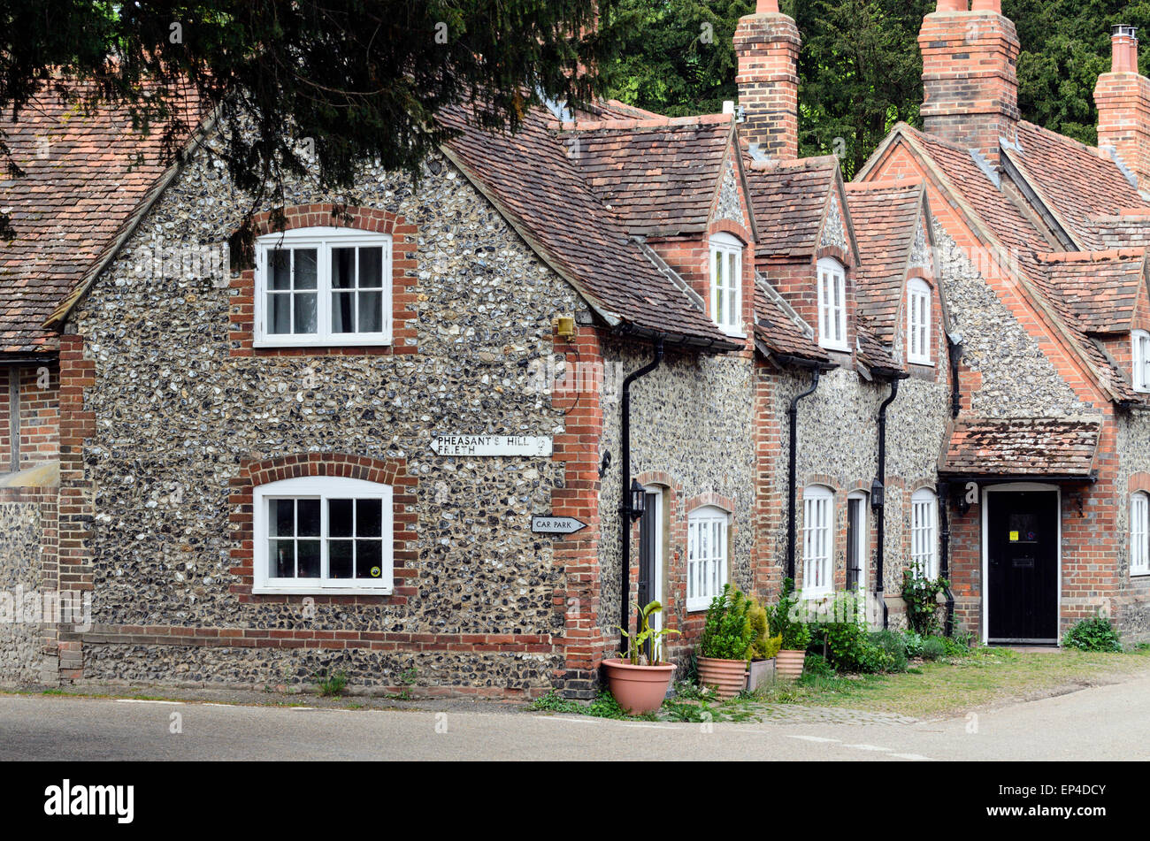 A row of flint cottages in Hambleden, Buckingshamshire. Hambleden is a picturesque village in
