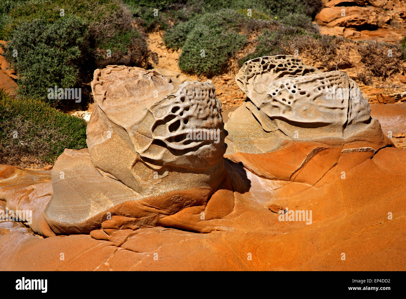 Amazing volcanic rocks at Faraklo (or 'Falakro') beach, Lemnos (Limnos) island, North Aegean, Greece. Stock Photo