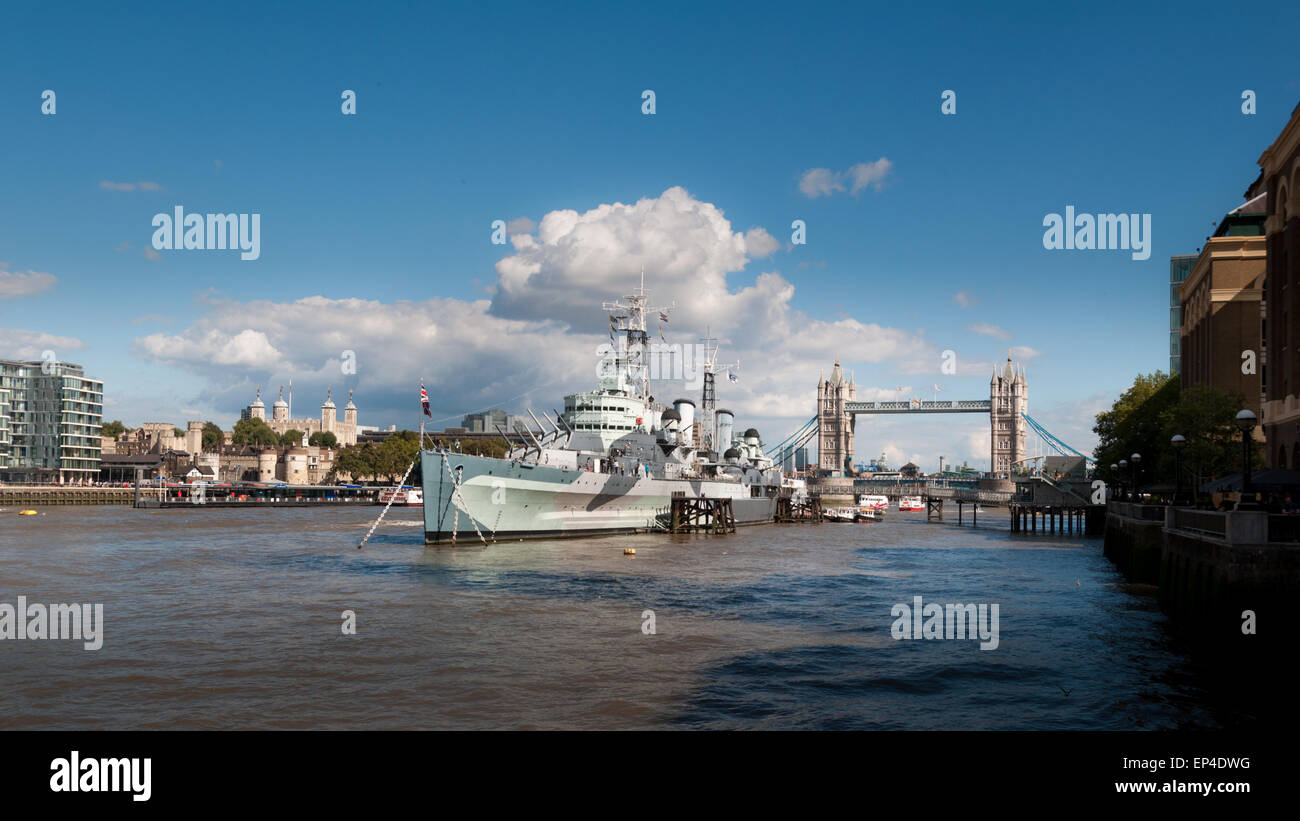 London skyline with HMS Belfast, the Tower of London and the Tower Bridge Stock Photo