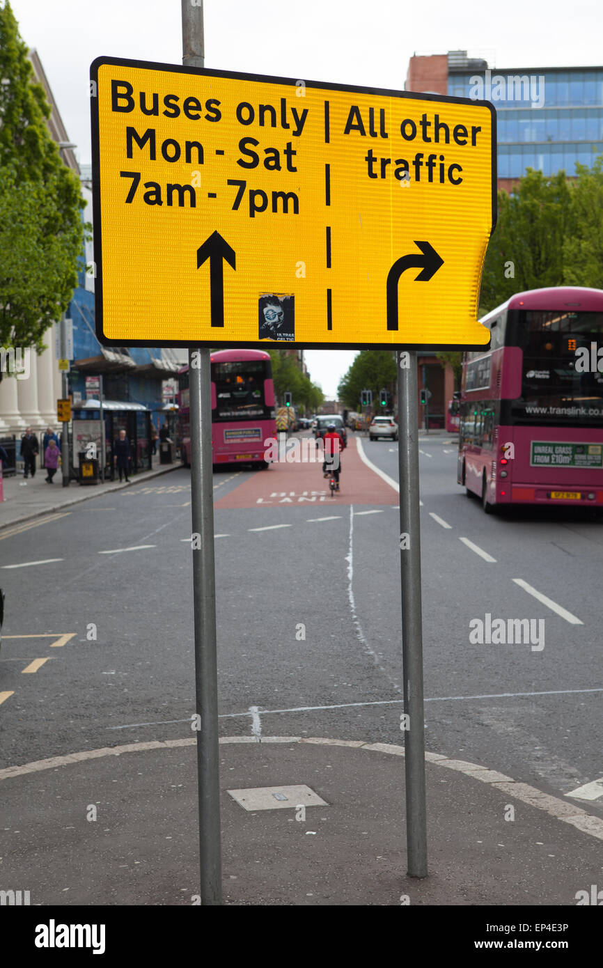 Belfast UK. 13th May 2015 The Sign warning motorists about the bus lane and the prohibited times. The New Automatic Number plate recognition (ANPR) Camera installed on Adelaide Street will Monitor Donegall Square East in Belfast. Anyone caught driving in the Bus Lane in a prohibited vehicle during enforcement hours could face a fine of up to £90. There is a honeymoon period which run till the 21st June after which, fines will be imposed. Stock Photo