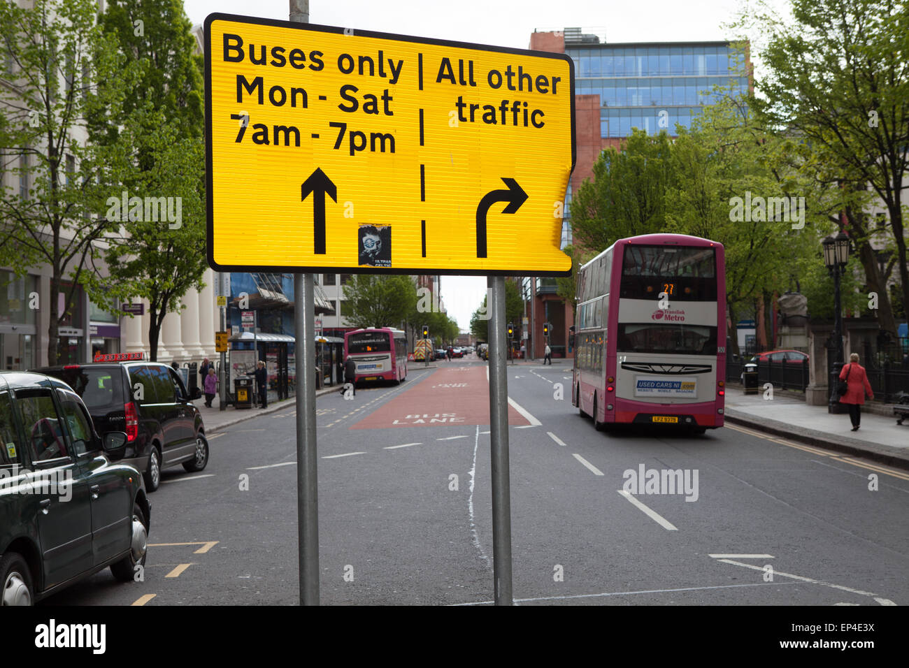 Belfast UK. 13th May 2015 The Sign warning motorists about the bus lane and the prohibited times. The New Automatic Number plate recognition (ANPR) Camera installed on Adelaide Street will Monitor Donegall Square East in Belfast. Anyone caught driving in the Bus Lane in a prohibited vehicle during enforcement hours could face a fine of up to £90. There is a honeymoon period which run till the 21st June after which, fines will be imposed. Stock Photo
