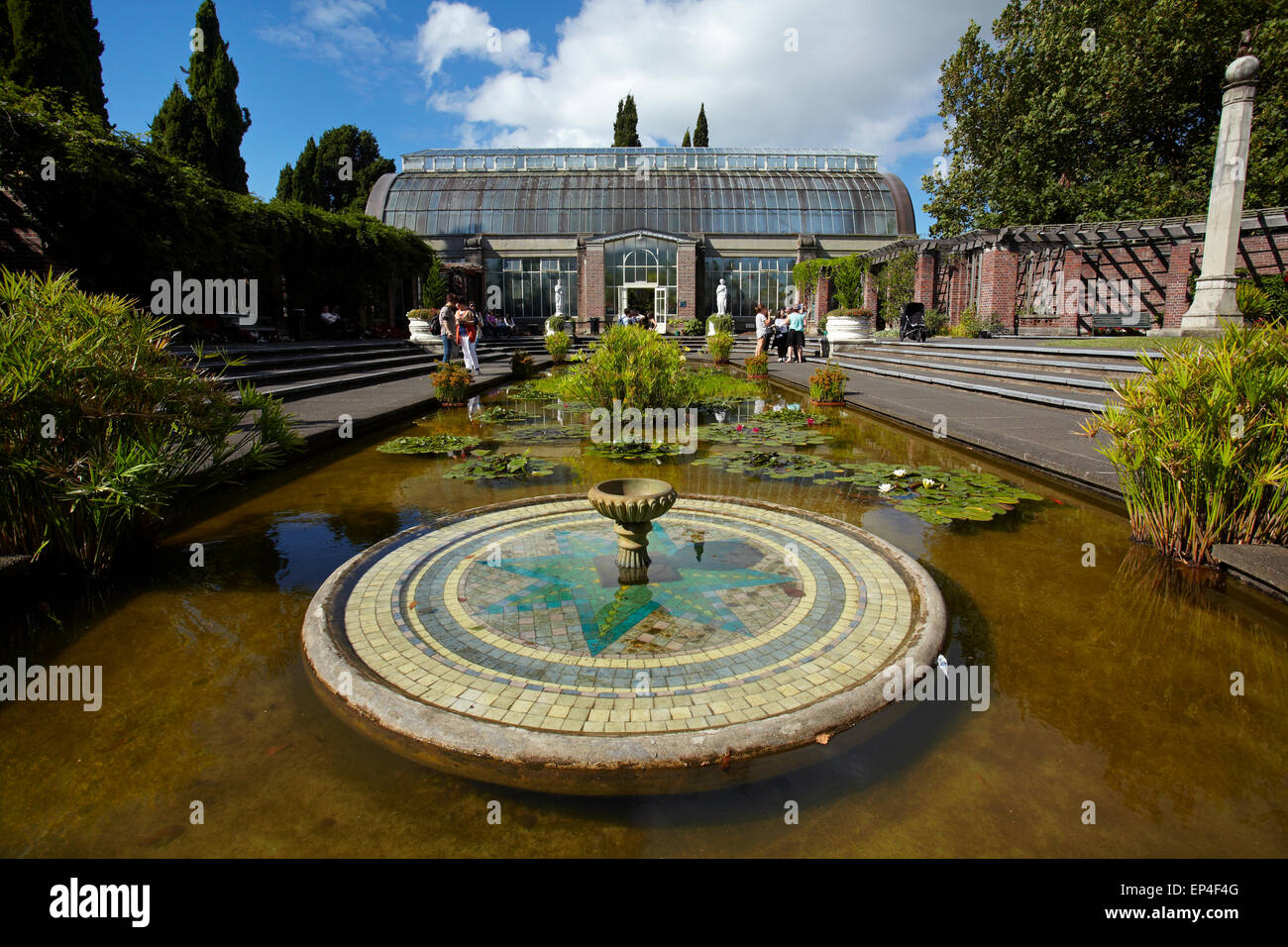 Pond and Temperate House, Wintergardens, Auckland Domain, Auckland, North Island, New Zealand Stock Photo