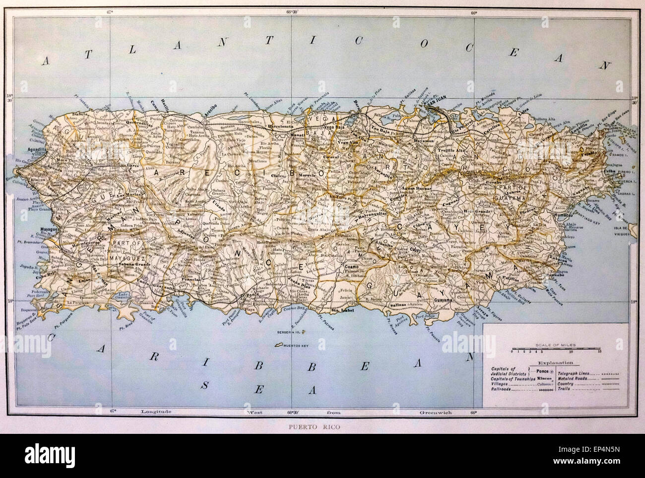 Map of Puerto Rico at the time of the Spanish American War, 1898 Stock Photo