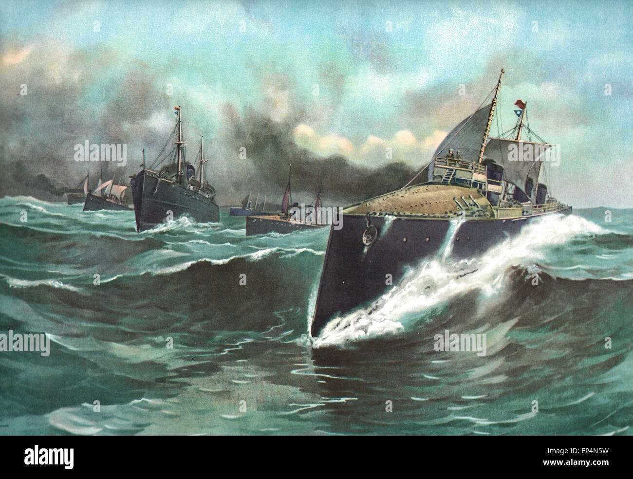 Spain's Torpedo Boat Flotilla en Route from the Canaries to Puerto Rico during the Spanish American War - Torpedo Boat Ariete, Torpedo Gunboat Pluton, Torpedo Gunboat Terror, Converted Merchantman Ciudad de Cadis, Torpedo Boat Rayo, Torpedo Boat Azor and Torpedo Boat Furor, 1898 Stock Photo