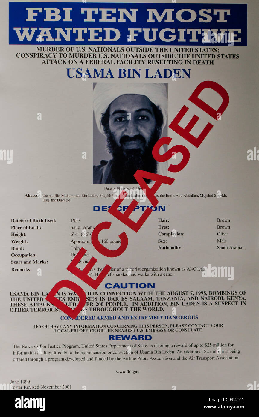 Usama Bin Laden FBI Most Wanted poster stamped 'Deceased' - USA Stock Photo