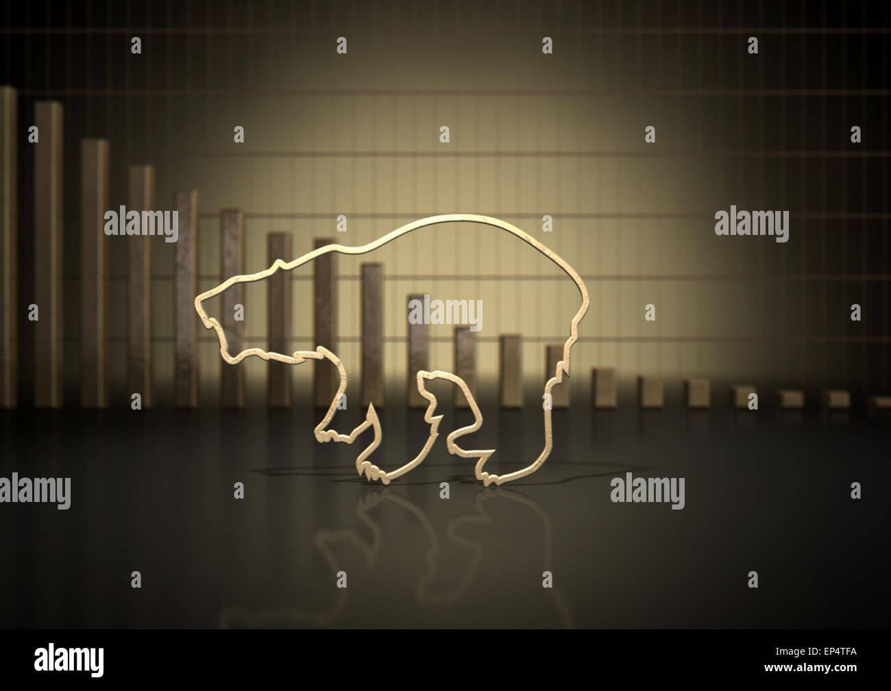 An abstract closeup of a gold outline depicting a stylized bear representing financial market trends on a bar graph background Stock Photo