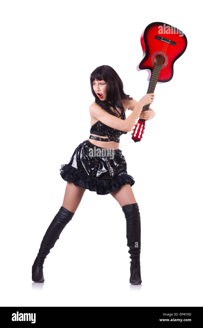 Young singer in leather costume with guitar Stock Photo Alamy