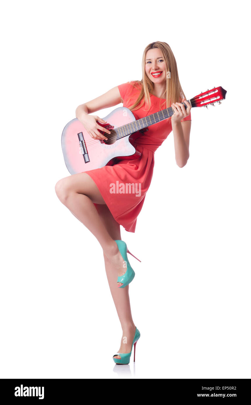 Woman playing guitar isolated on white Stock Photo - Alamy