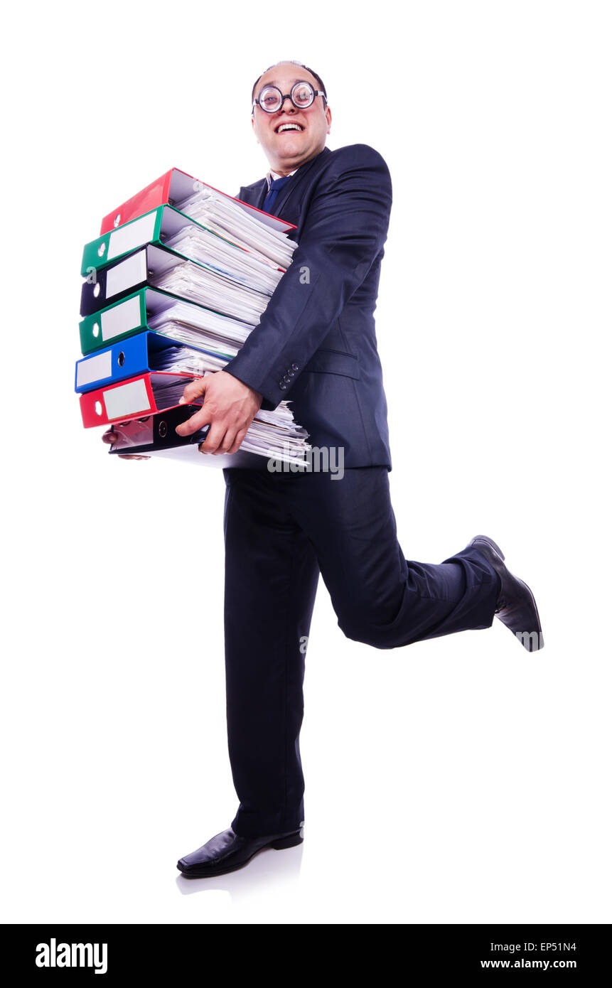 Funny man with lots of folders on white Stock Photo - Alamy