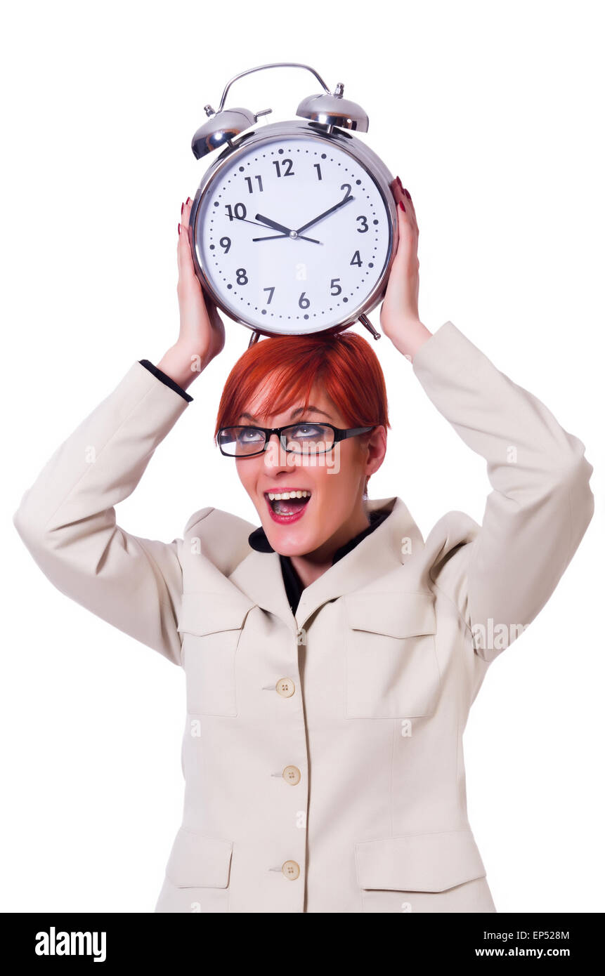 Businesswoman woman with clock on white Stock Photo - Alamy