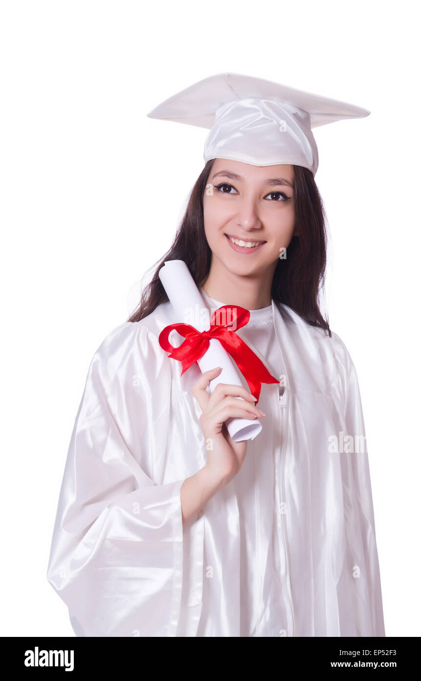 Young female student with diploma on white Stock Photo - Alamy