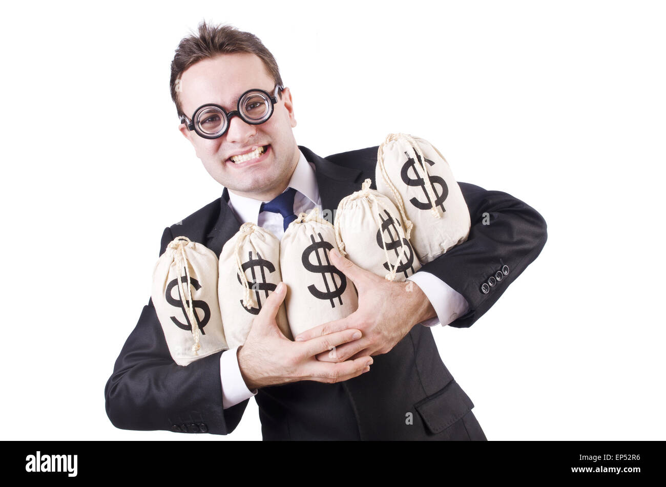 Businessman with sacks of money on white Stock Photo - Alamy
