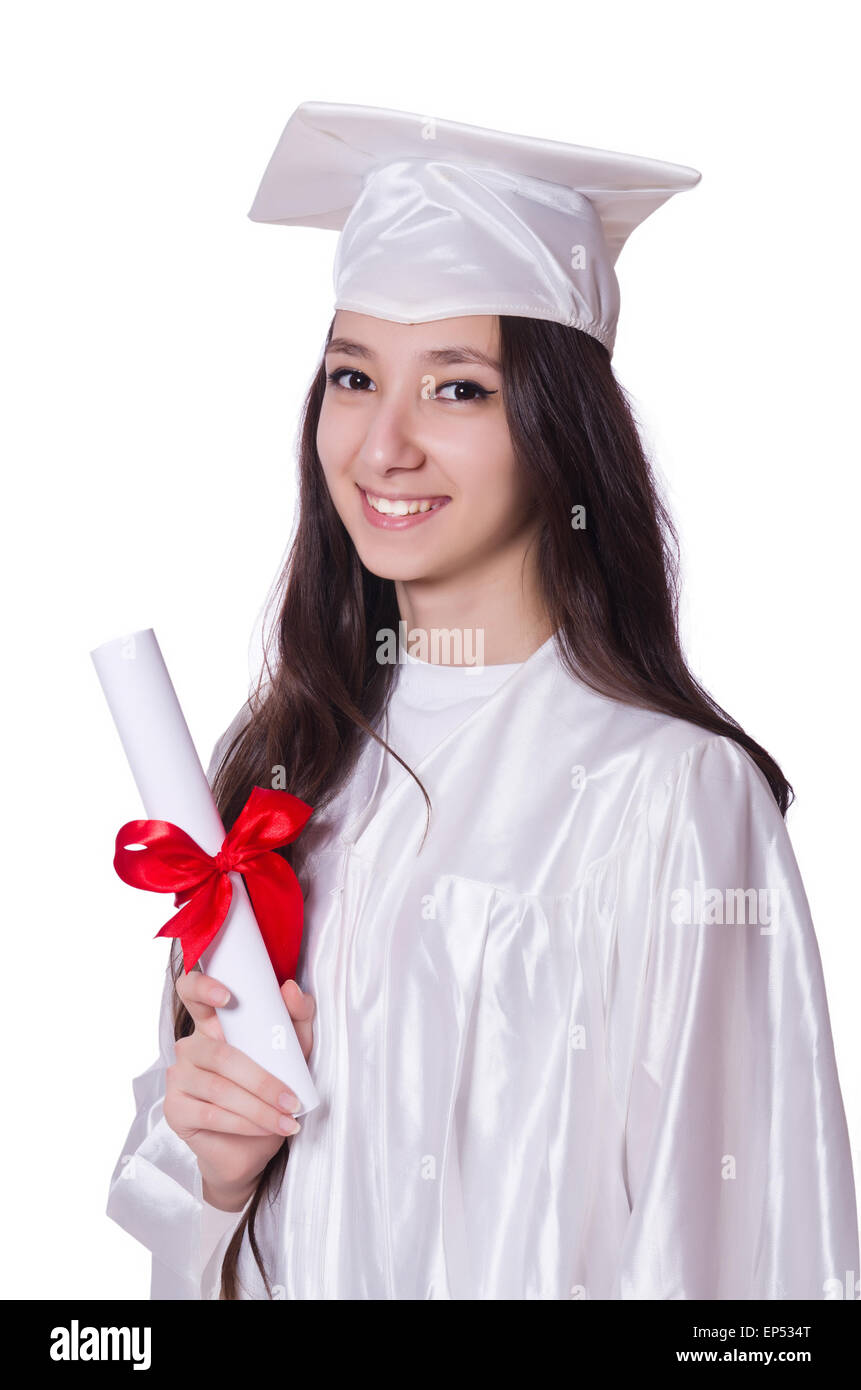 Young female student with diploma on white Stock Photo - Alamy