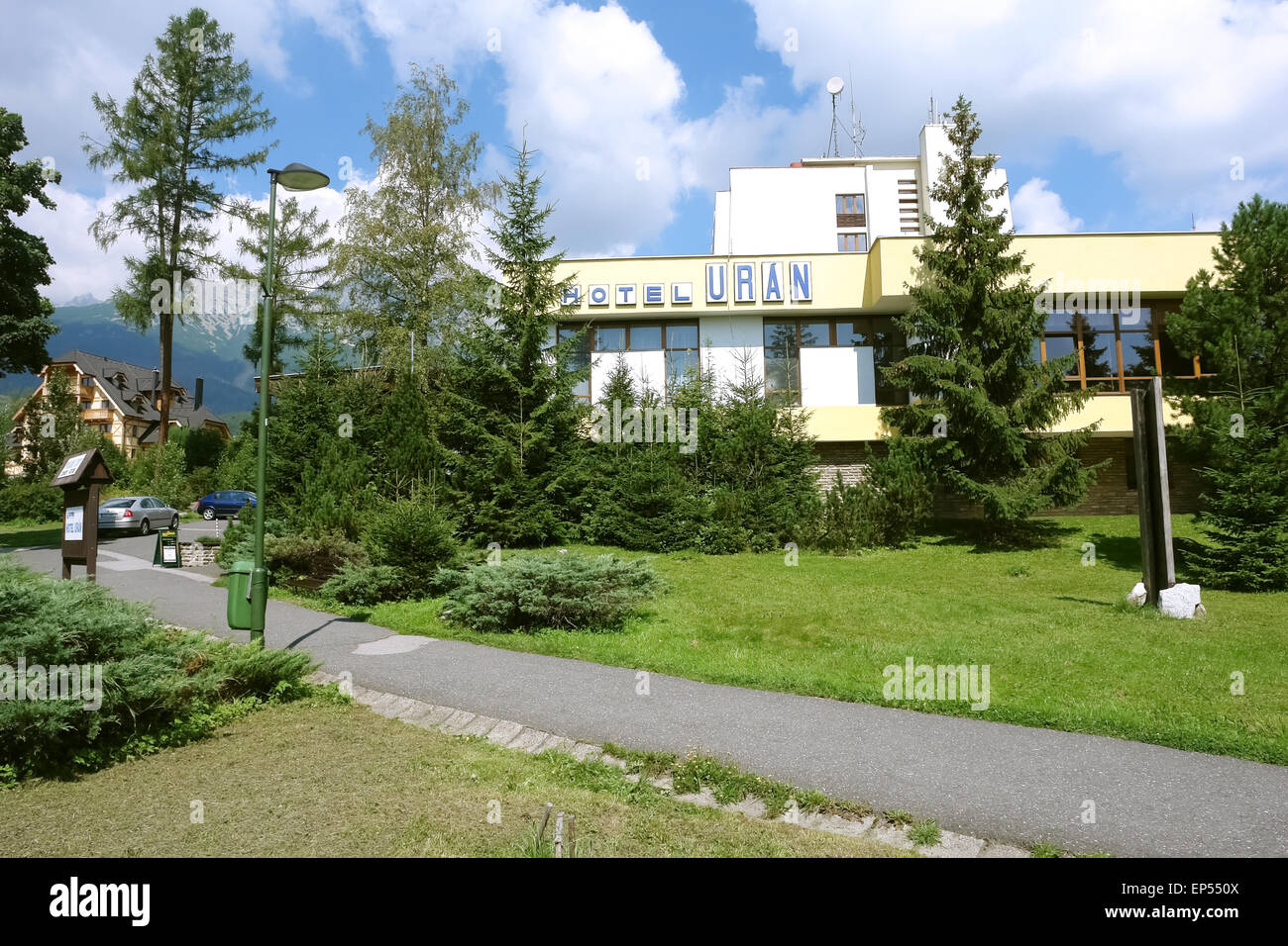 Landscape with hotel in High Tatras, Slovakia. Stock Photo