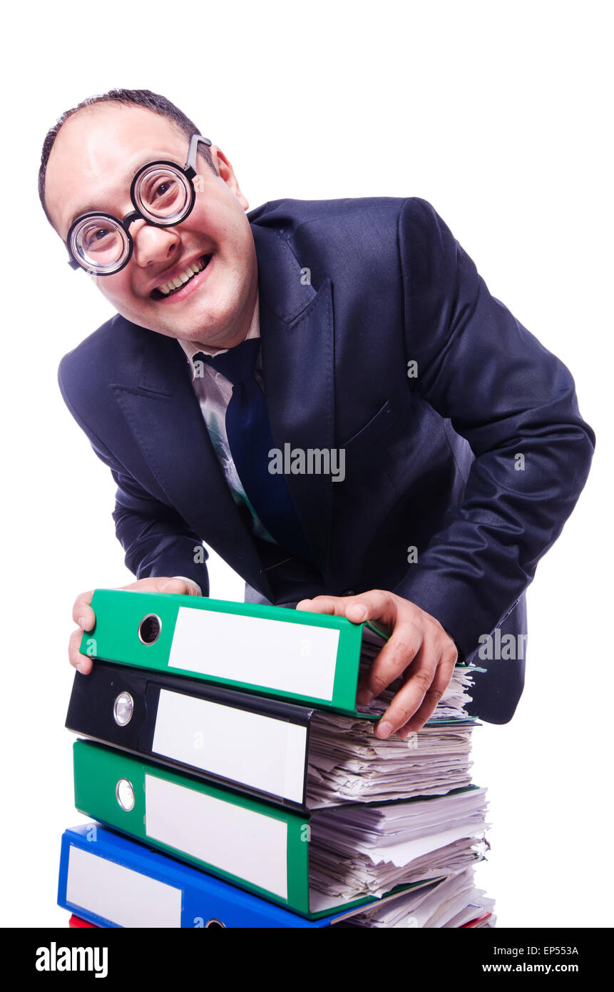 Funny man with lots of folders on white Stock Photo - Alamy