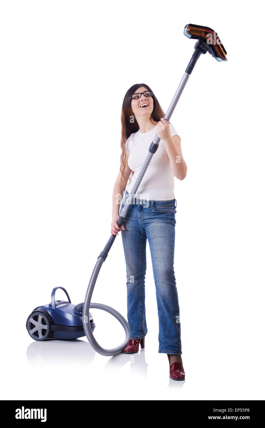 Young woman with vacuum cleaner on white Stock Photo - Alamy