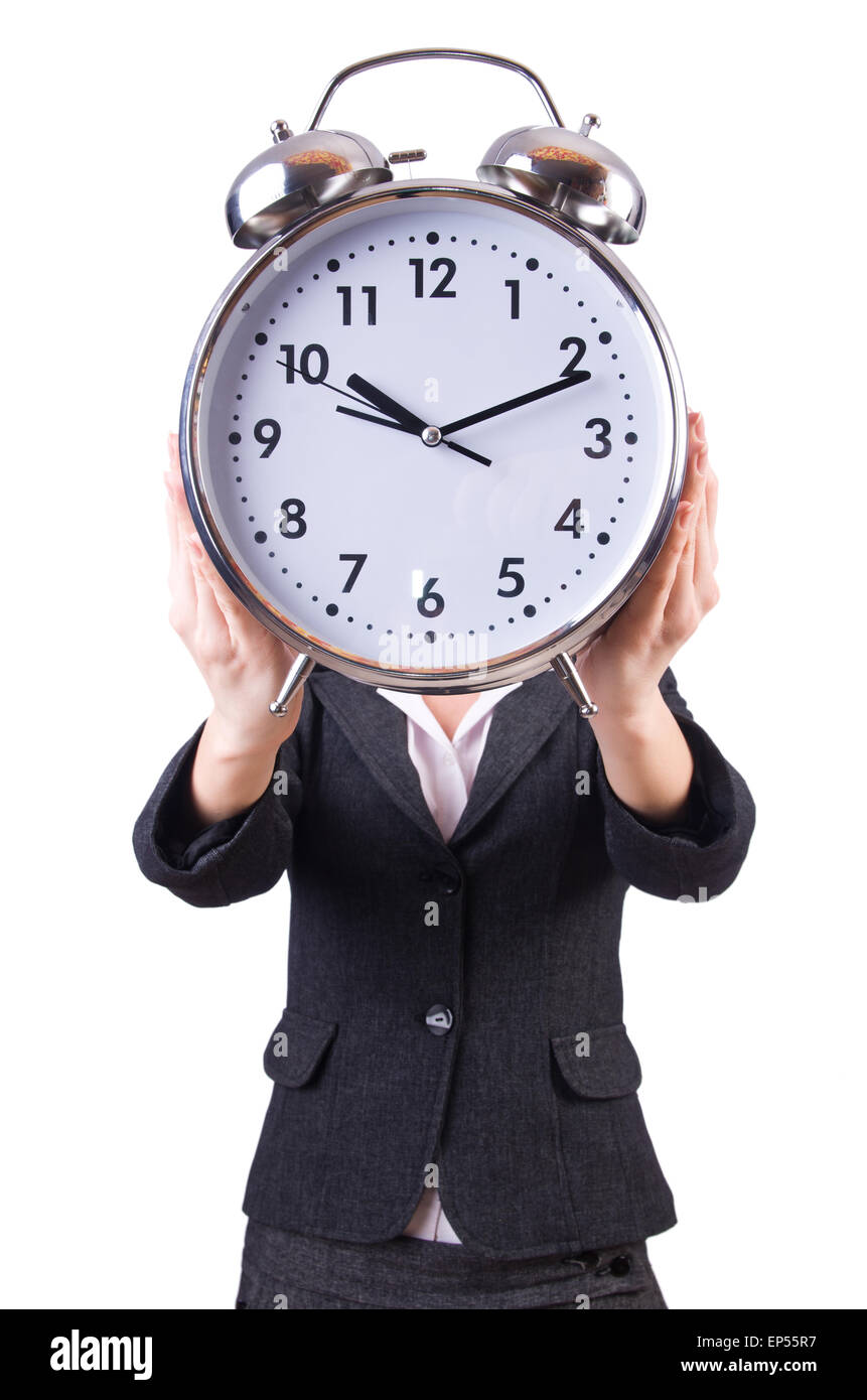 Woman with giant clock on white Stock Photo - Alamy
