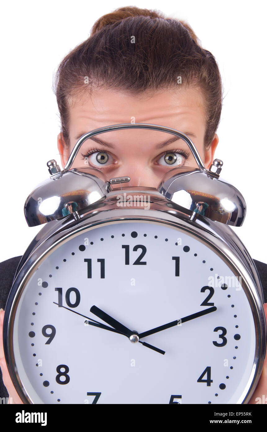 Woman with giant clock on white Stock Photo - Alamy