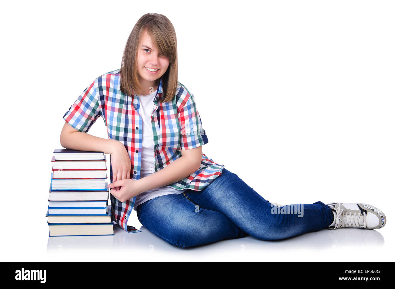 Girl student with books on white Stock Photo - Alamy
