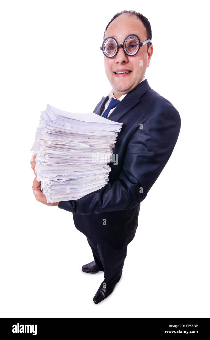 Funny man with lots of folders on white Stock Photo - Alamy