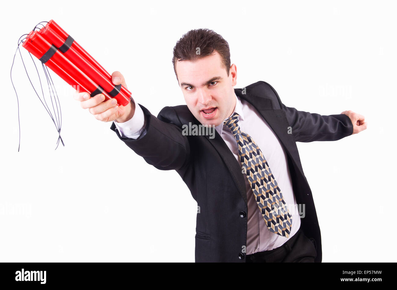 Businessman with dynamite isolated on white Stock Photo - Alamy