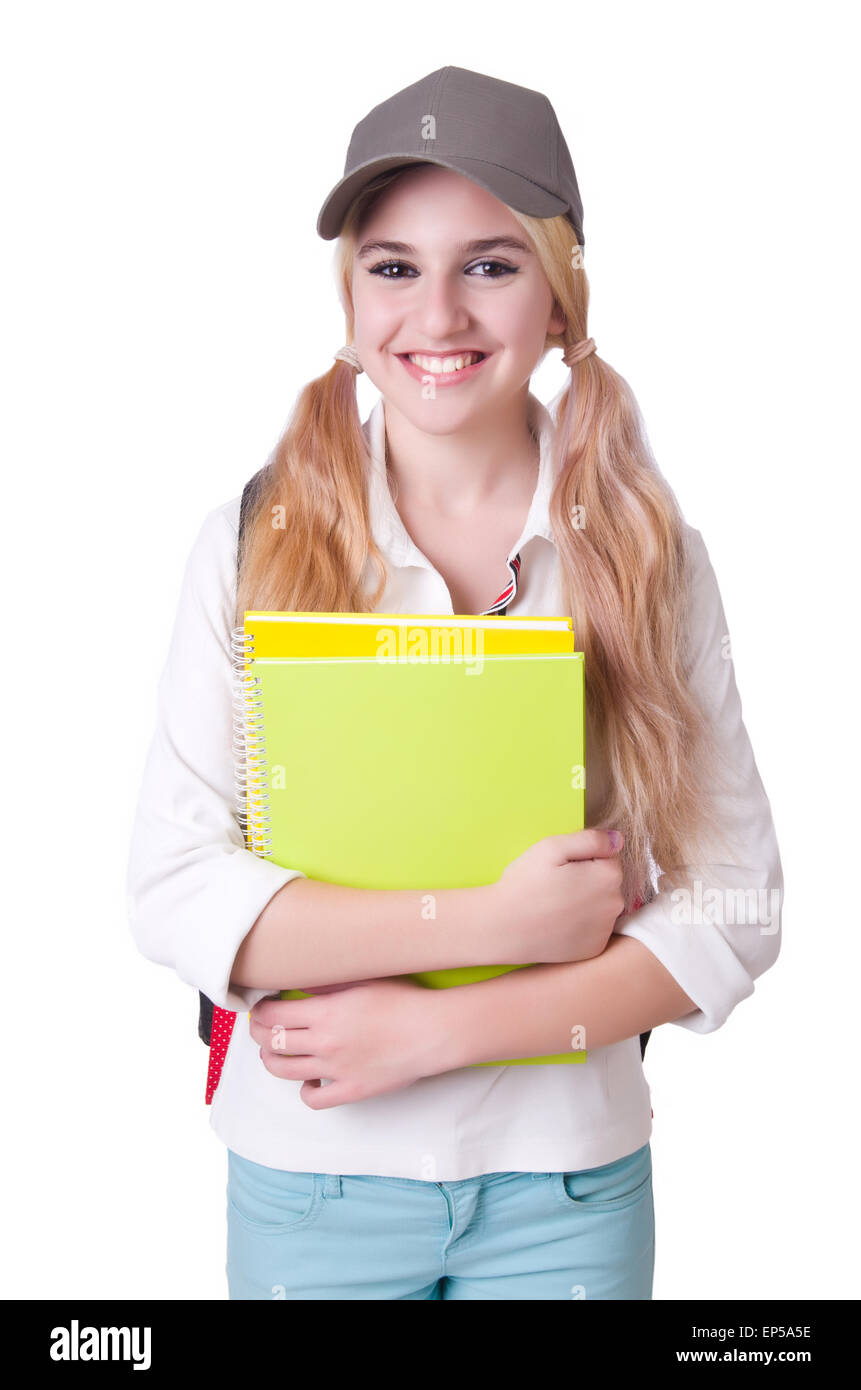 Girl student with books on white Stock Photo - Alamy