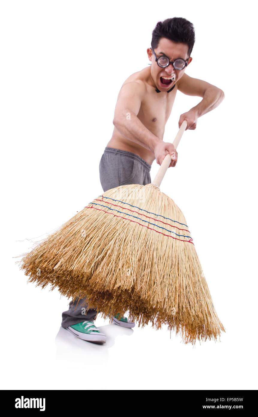 Funny man with broom on white Stock Photo Alamy