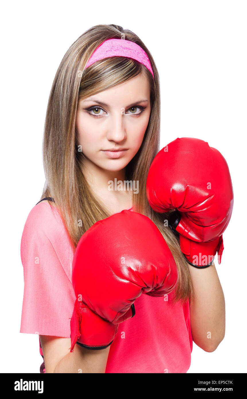 Young lady with boxing gloves on white Stock Photo Alamy