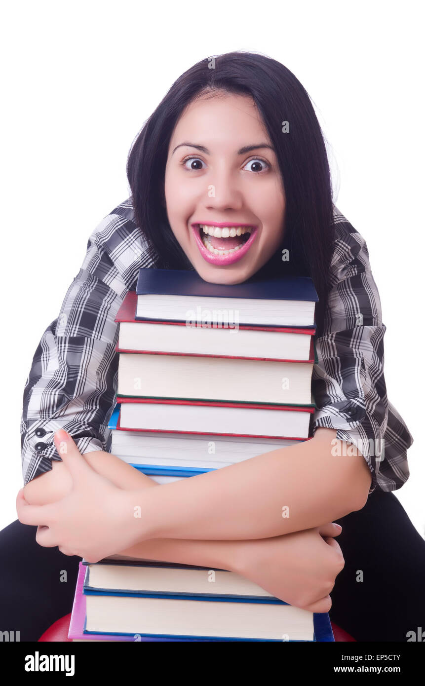 Girl student with books on white Stock Photo - Alamy