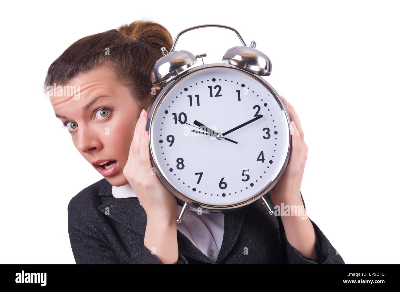 Woman with giant clock on white Stock Photo - Alamy