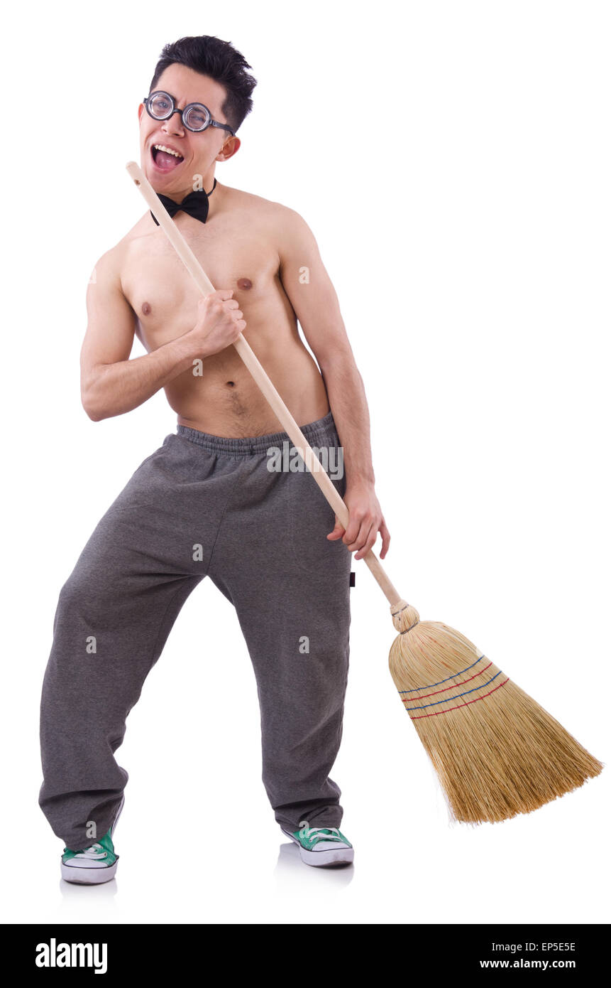 Funny man with broom on white Stock Photo Alamy