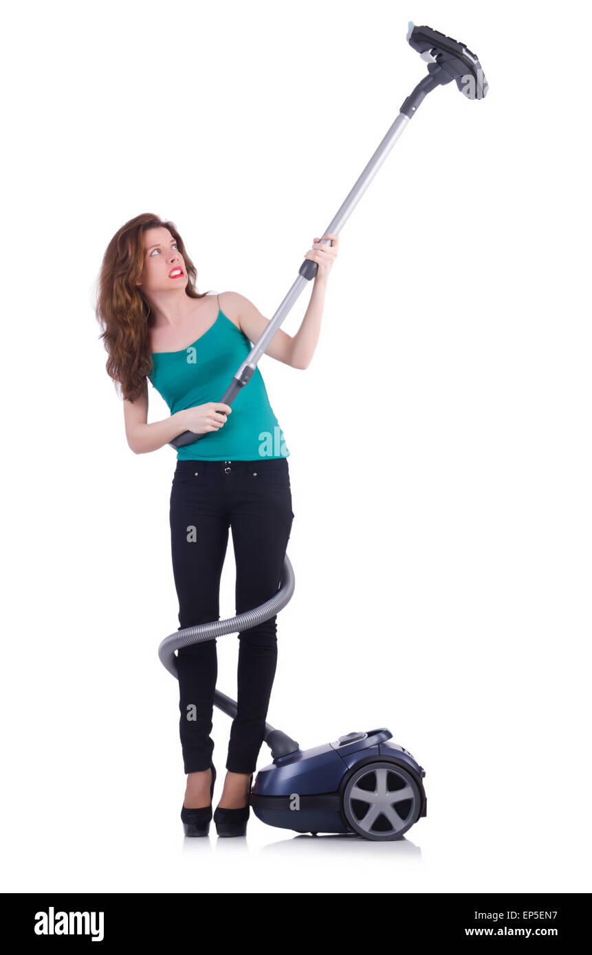 Young woman with vacuum cleaner on white Stock Photo - Alamy